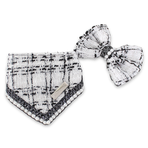 White tweed dog bandana set with pearl border and Chewnel logo plate