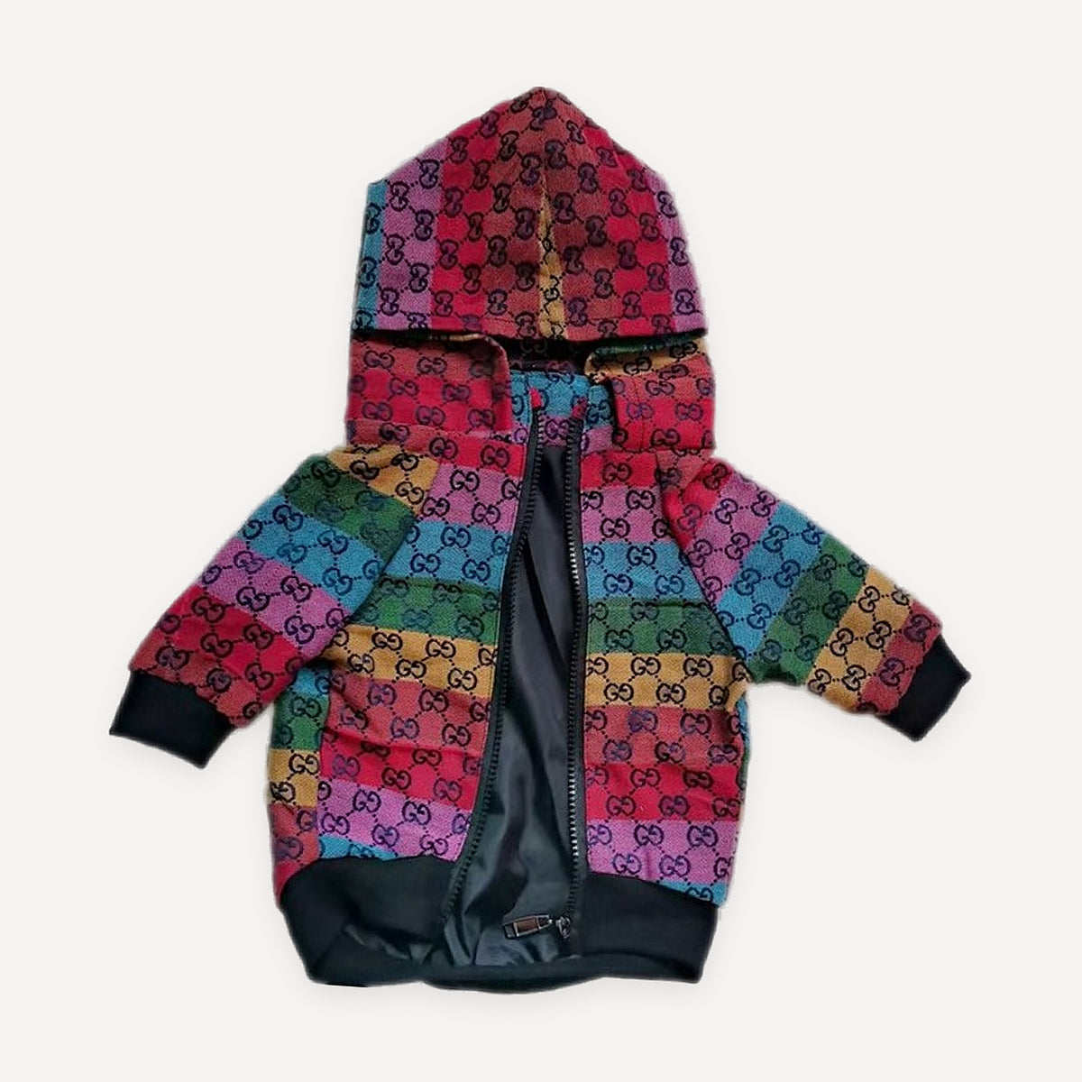 Rainbow Monogram dog puffer inspired by Gucci view 5