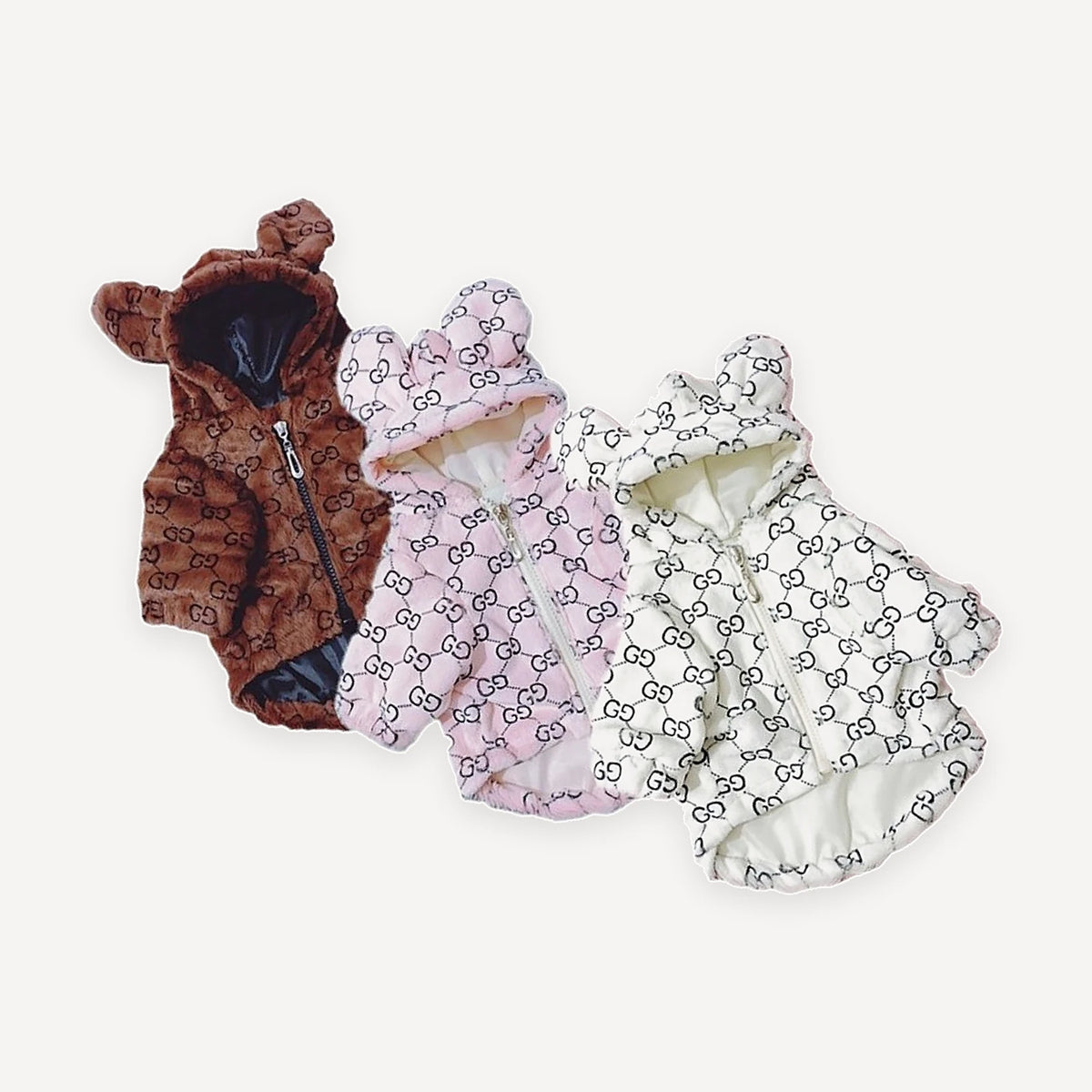 White Monogram Bear Ear dog puffer inspired by Gucci view 5