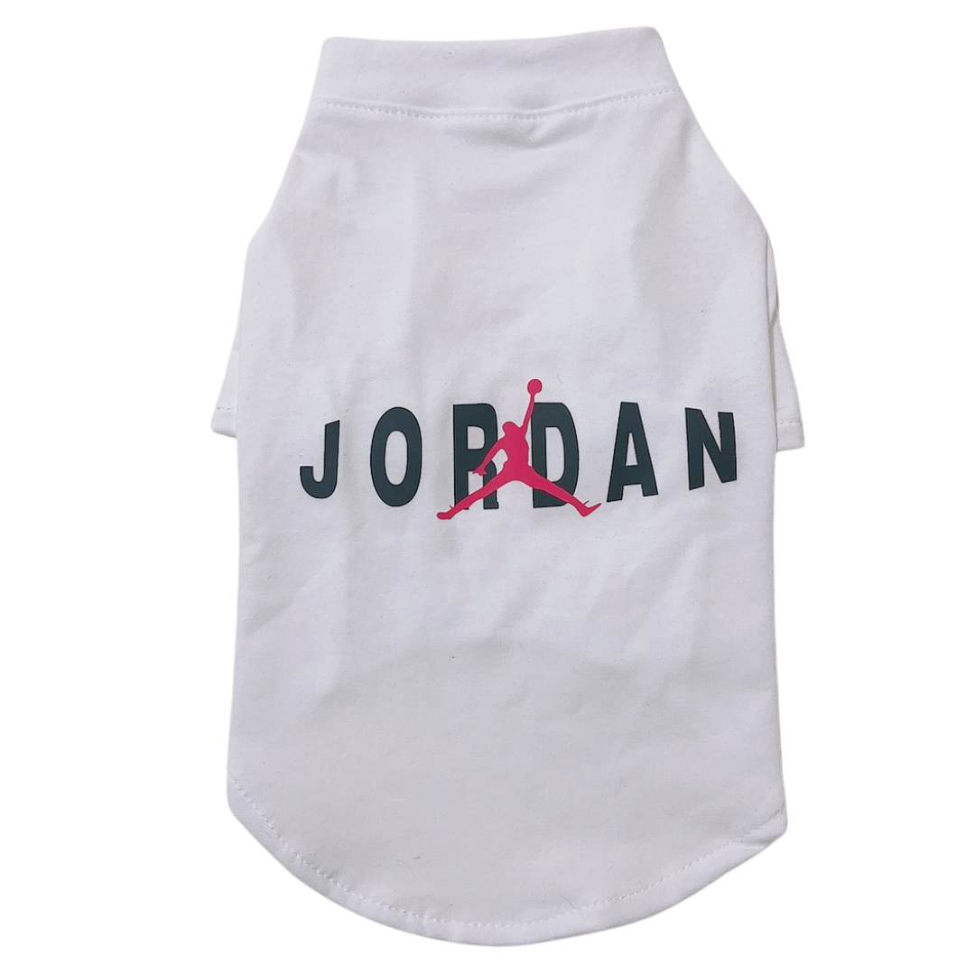 White dog tee with red Jumpman logo and Jordan lettering basketball streetwear style