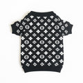 Black knit dog sweater with white Louis Vuitton inspired monogram pattern all over