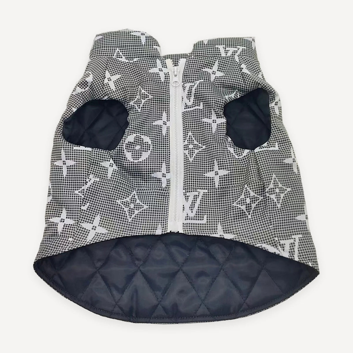 Denim Blue Monogram Hooded dog jacket inspired by Louis Vuitton view 2