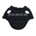 Black sleeveless dog vest with Chanel logo band across chest