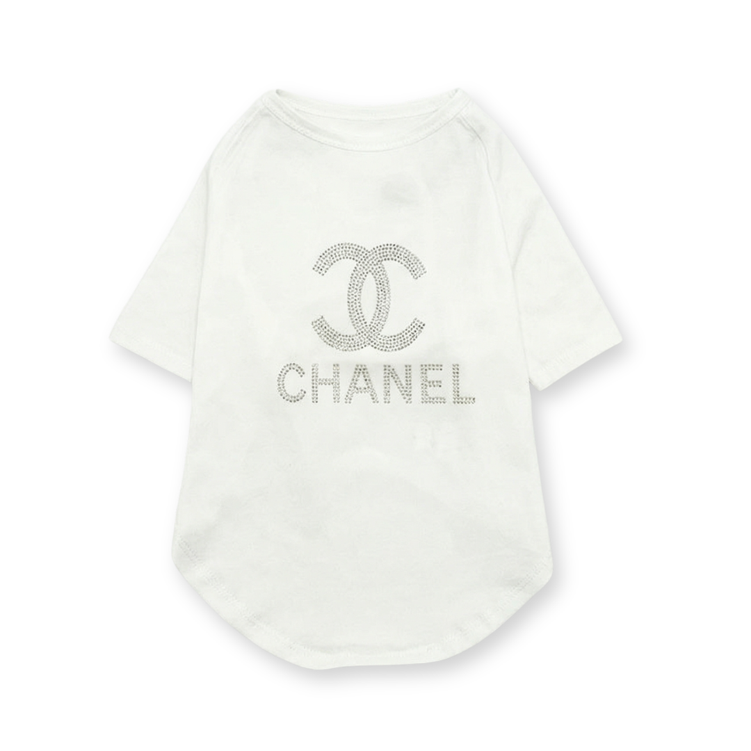 White dog tee with rhinestone Chanel CC logo and text detail