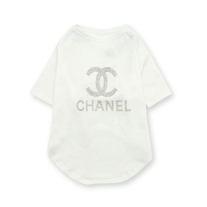 White dog tee with rhinestone Chanel CC logo and text detail