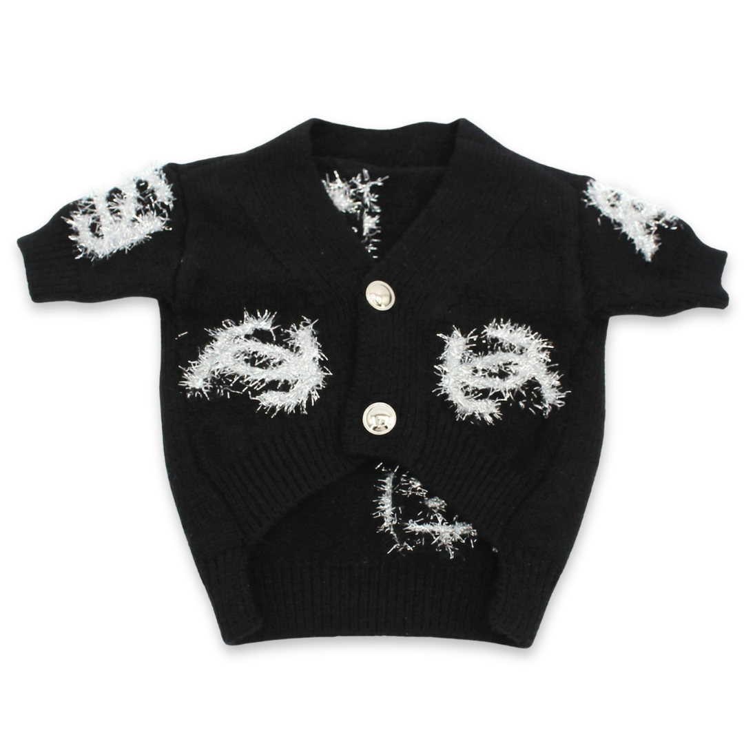 Black knit dog cardigan with white fringe Chanel logo details and gold buttons