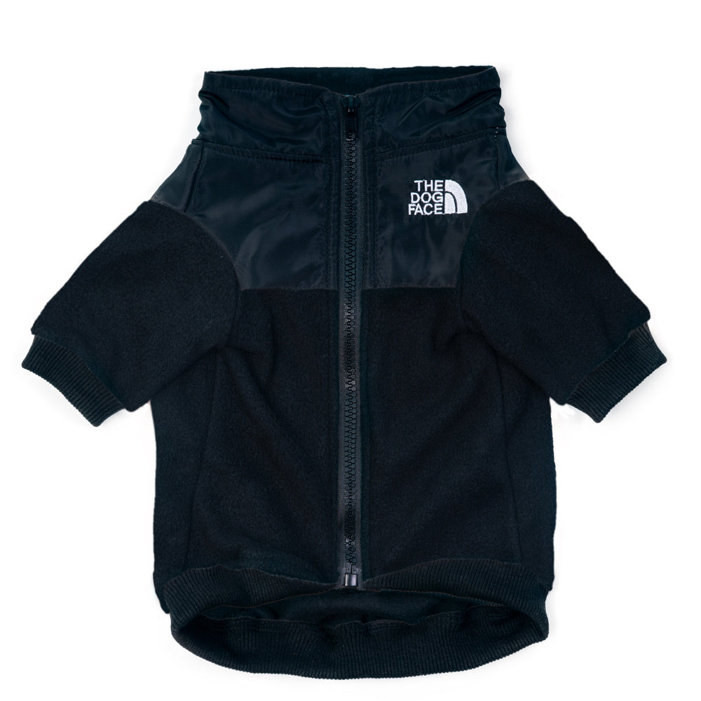 Black colorblock fleece dog jacket with nylon panels and ribbed cuffs North Face style