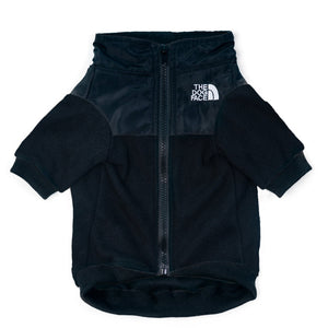 Black colorblock fleece dog jacket with nylon panels and ribbed cuffs North Face style