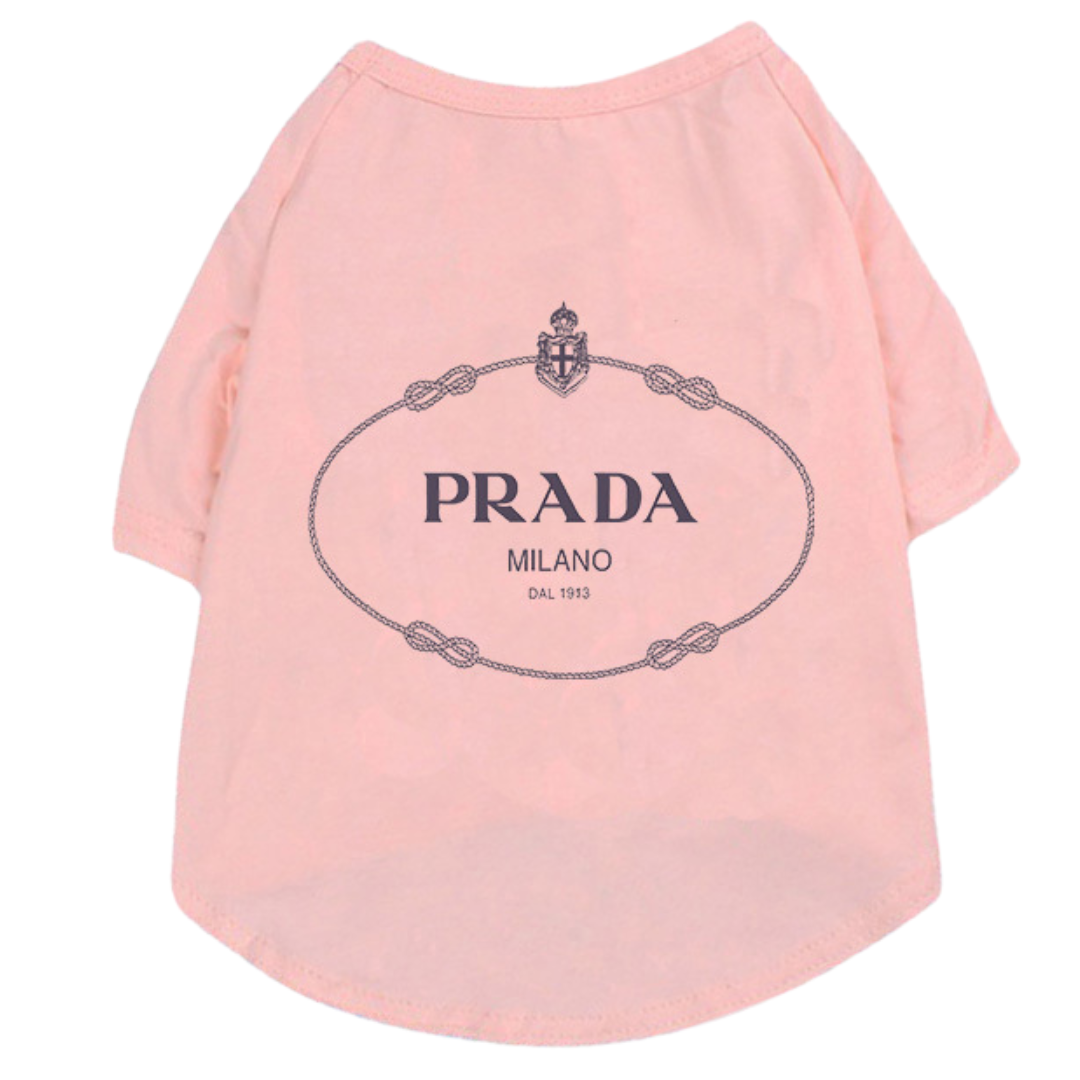 Pink dog tee with black Prada triangle logo print cotton construction