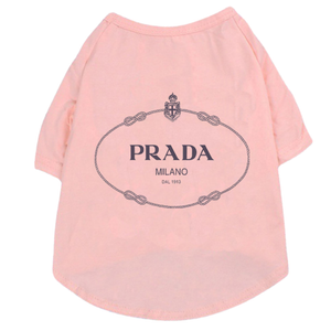 Pink dog tee with black Prada triangle logo print cotton construction