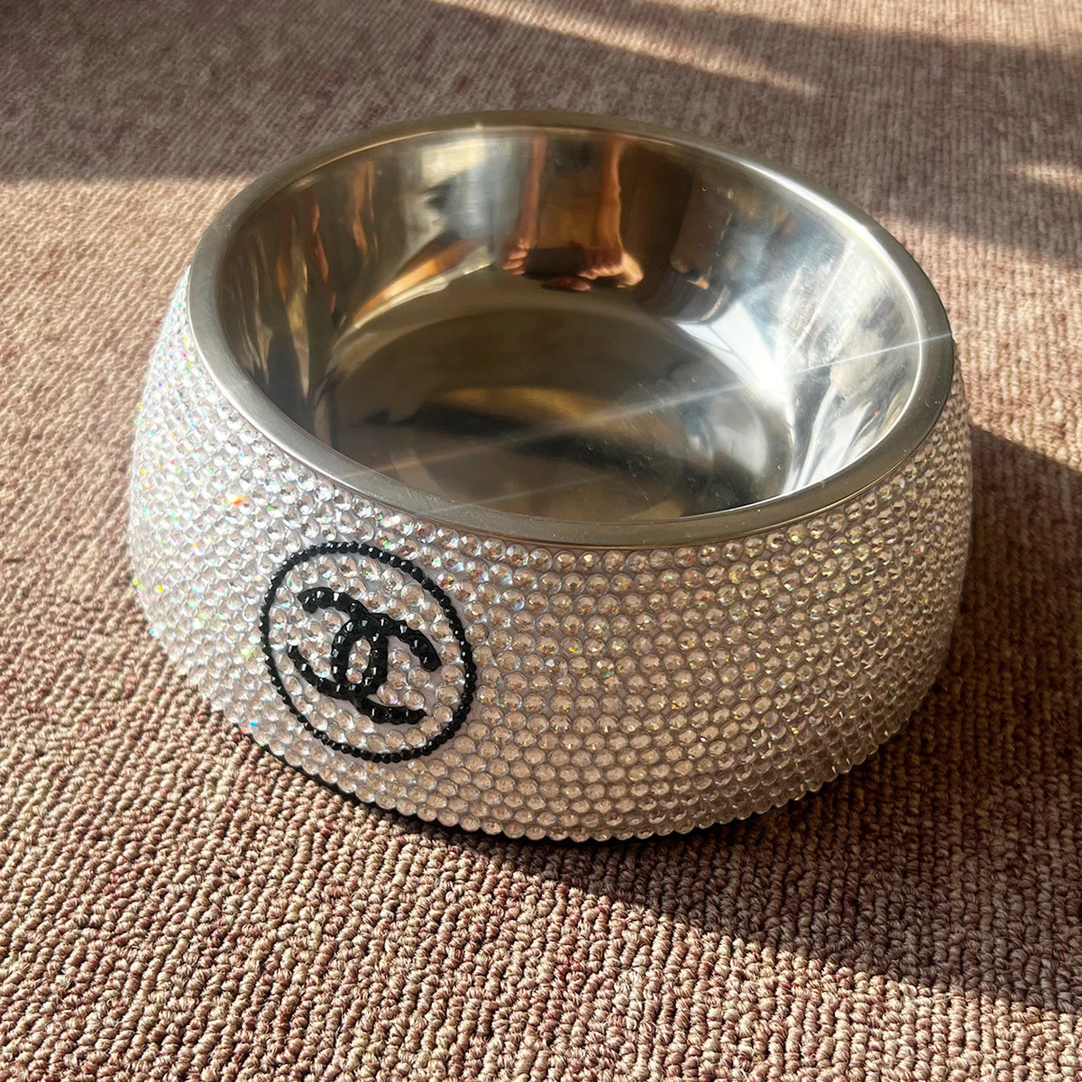 Chewnel Crystal Logo Bowl on a dog