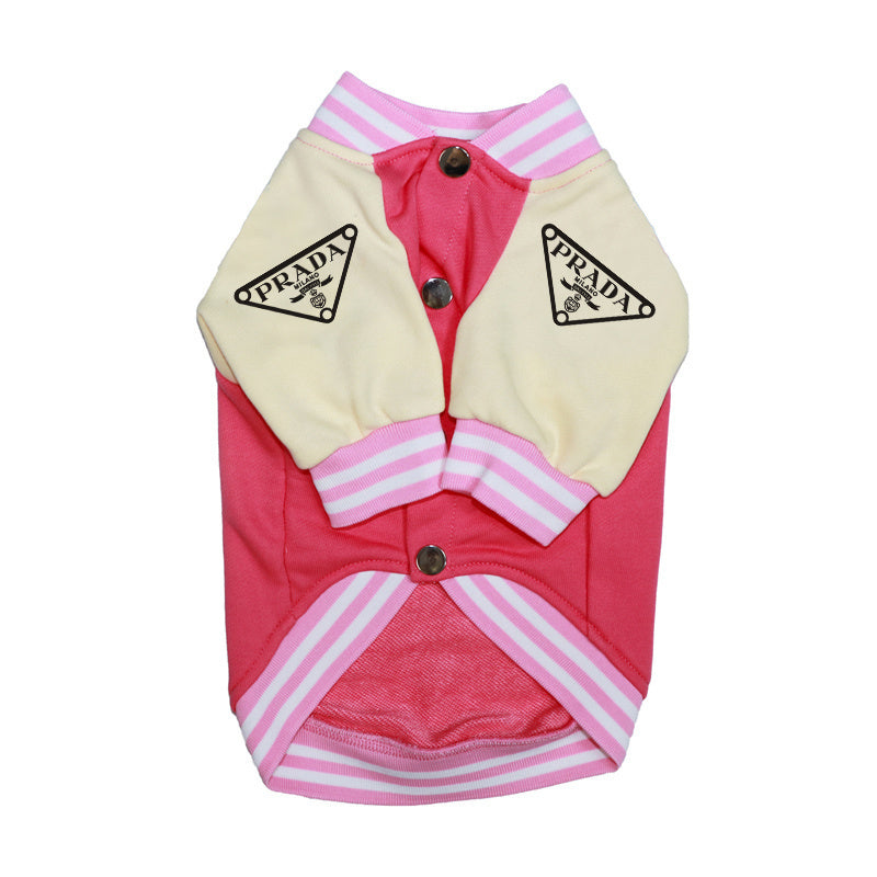 Pink Prada style varsity bomber for dogs with triangle logo patches on sleeves