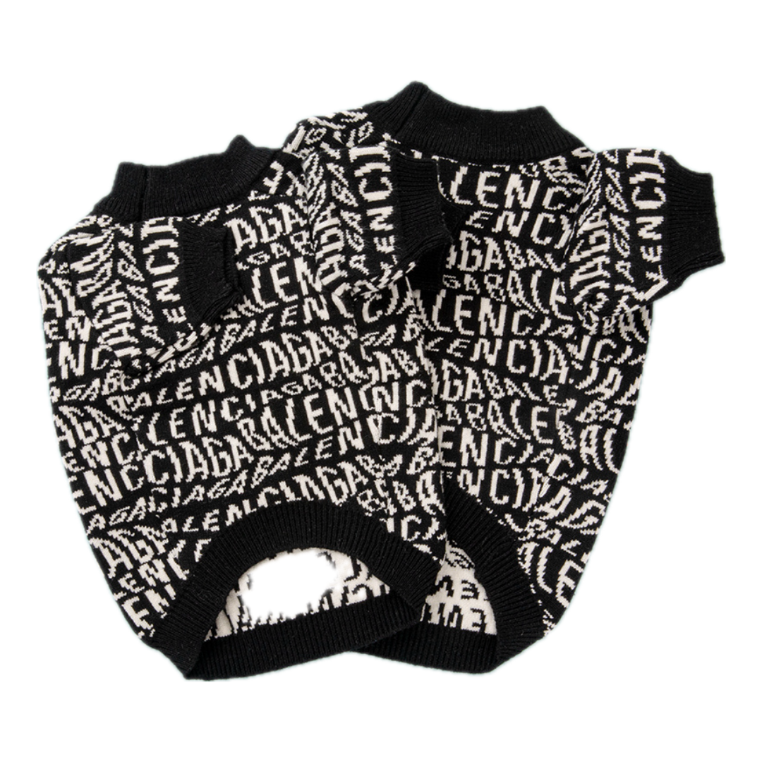 Flat lay of Pawlenciaga logo repeat sweater showing ribbed collar and cuffs Balenciaga inspired