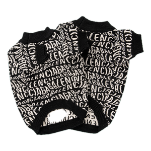 Flat lay of Pawlenciaga logo repeat sweater showing ribbed collar and cuffs Balenciaga inspired