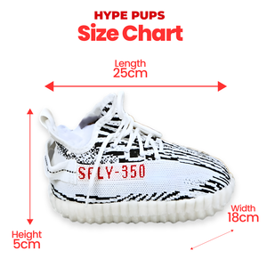 Adidog zebra stripe plush toy size chart showing 25cm length sneaker dog toy