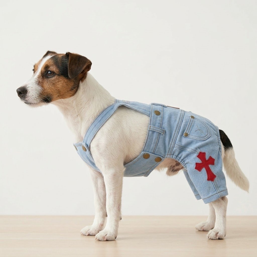 Small dog wearing light blue denim overalls with red cross patches Chrome Hearts inspired