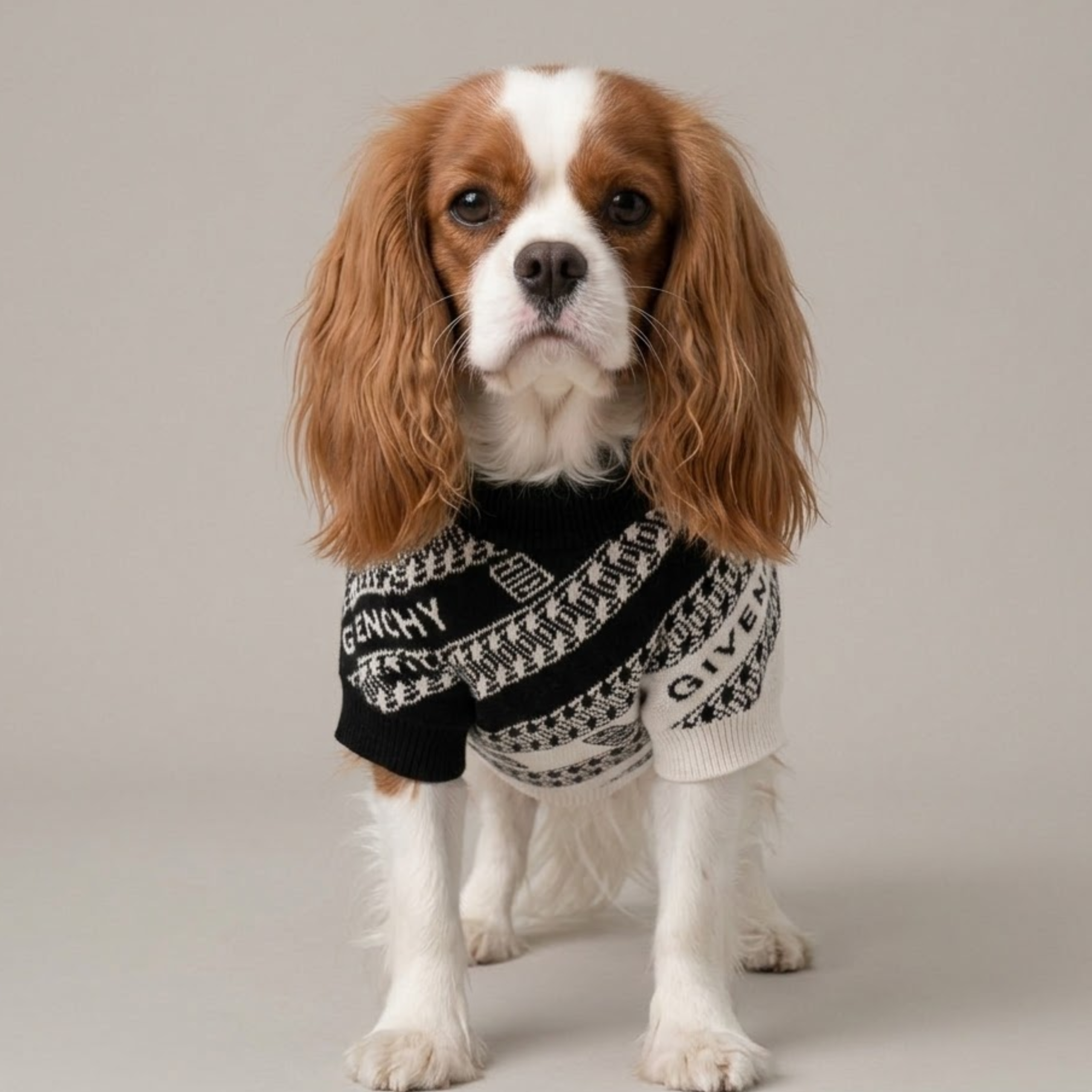Cavalier King Charles Spaniel wearing black white diagonal monogram Givenchy style sweater