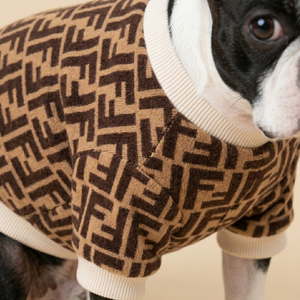 Close-up brown FF pattern knit dog sweater showing Fendi inspired monogram detail
