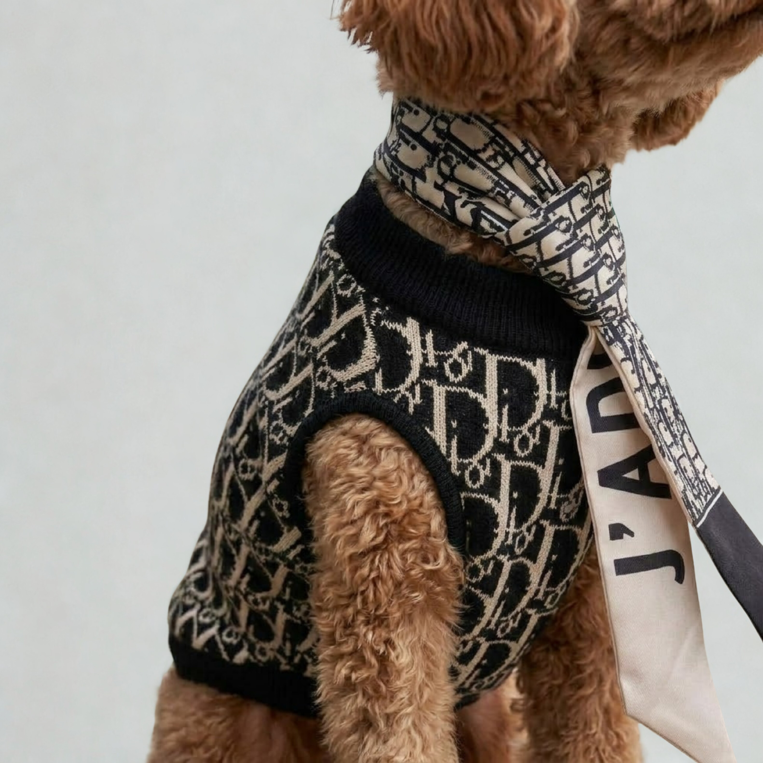 Dog wearing black oblique monogram sweater with matching neck scarf accessory