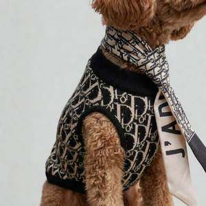Dog wearing black oblique monogram sweater with matching neck scarf accessory