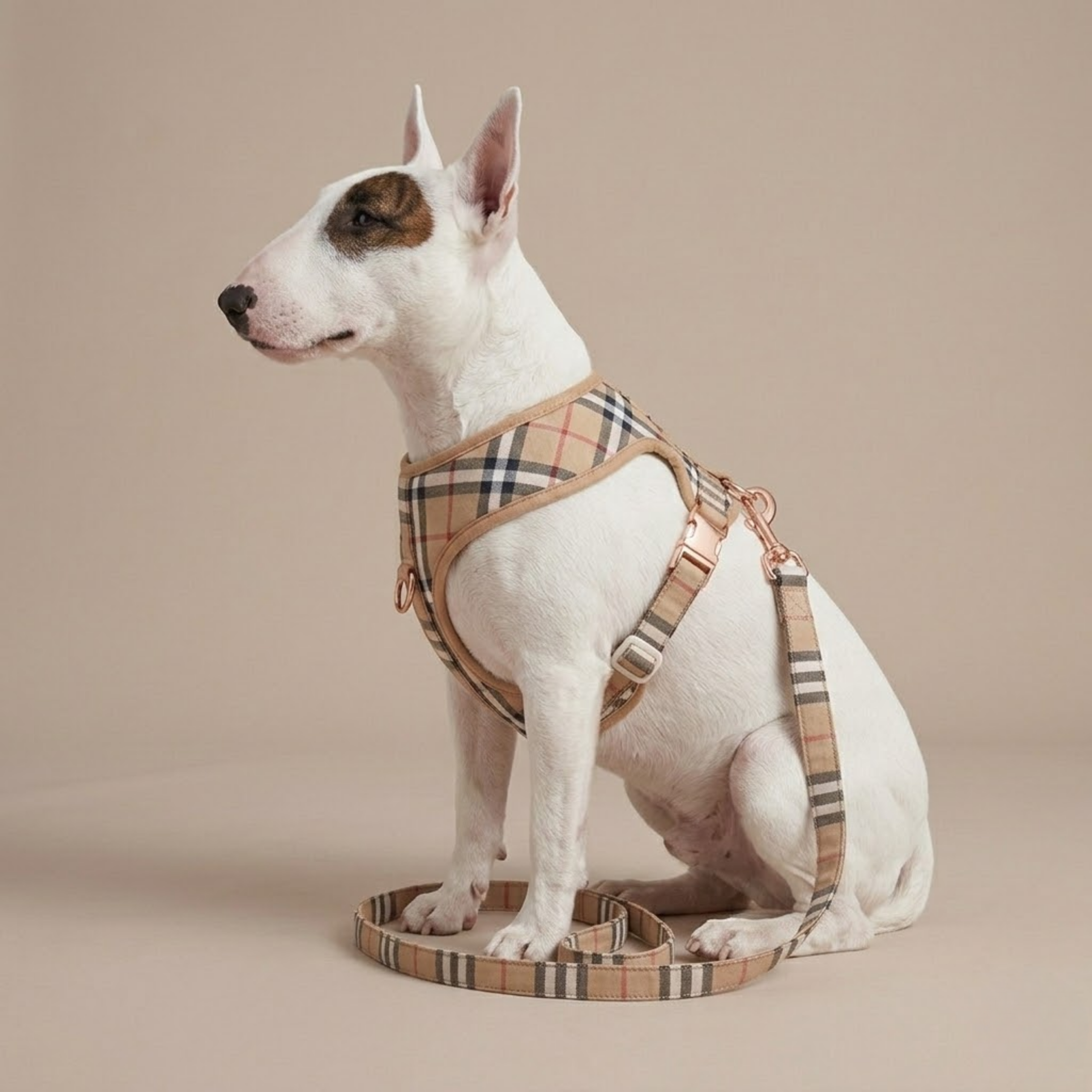 White dog wearing tan plaid heritage check harness with gold buckles on neutral background