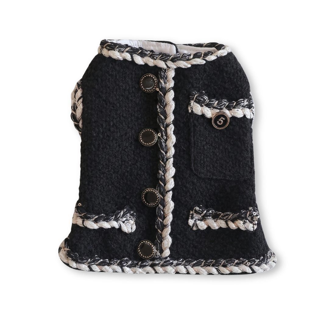 Black tweed dog vest with gold chain trim Chanel inspired button closure