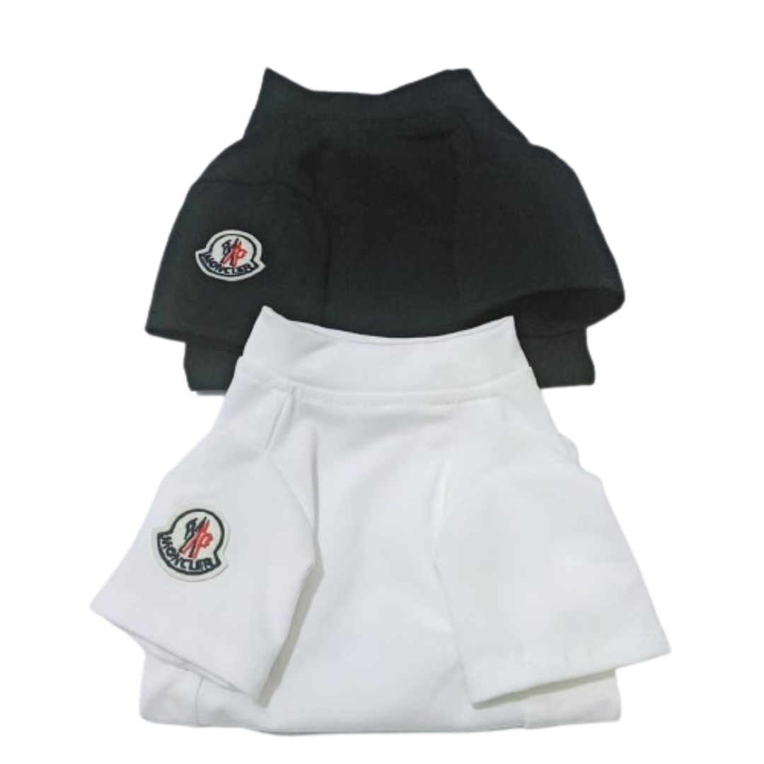 White cotton dog tee with black Moncler logo badge, minimalist design