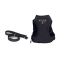 Black nylon dog harness and leash set with triangle Prada logo inspired design