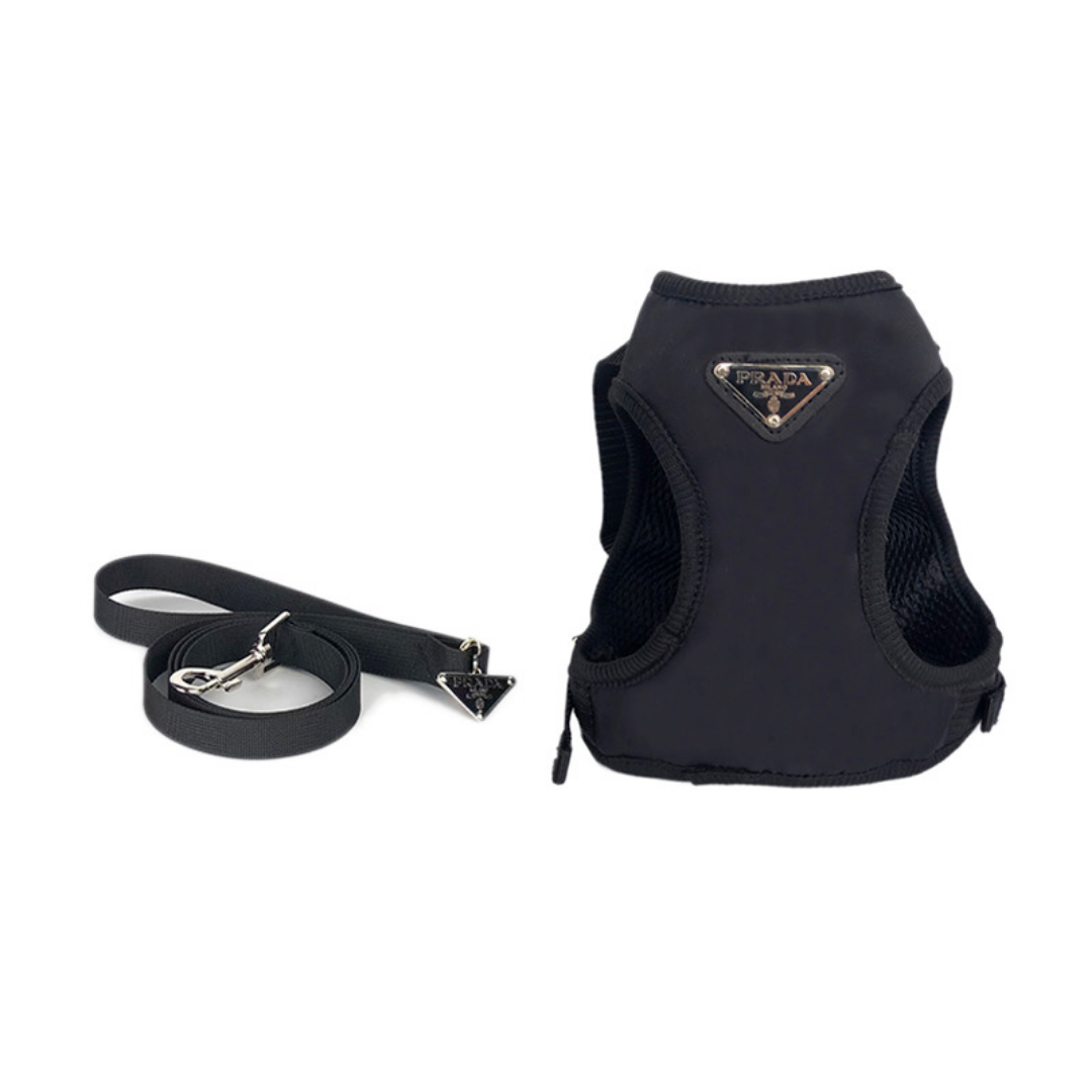 Black nylon dog harness and leash set with triangle Prada logo inspired design