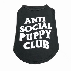 Black sleeveless dog tee with white Anti Social Puppy Club text inspired by Anti Social Social Club