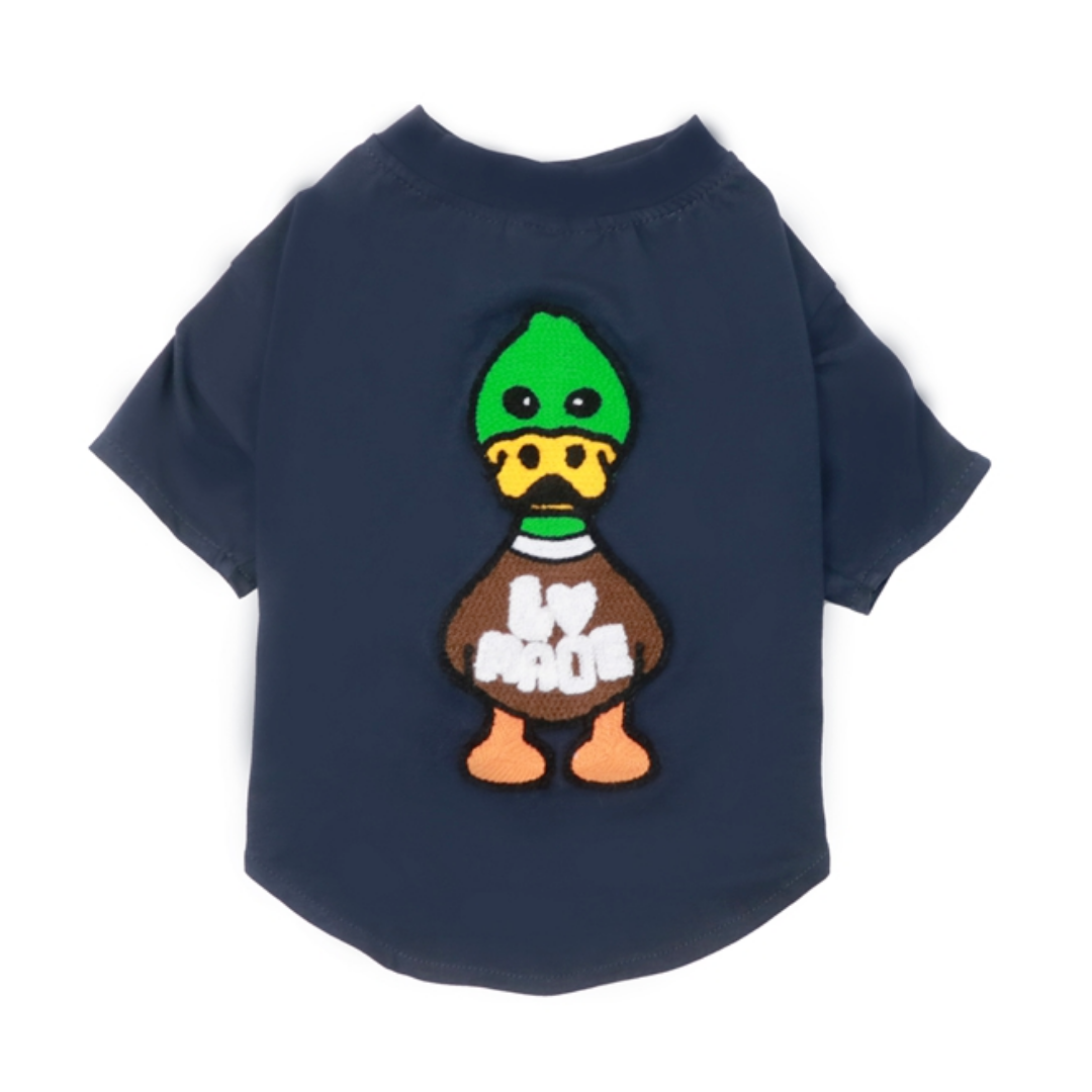 Navy cotton dog tee with embroidered duck character streetwear graphic