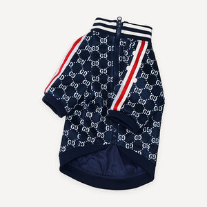 Navy Monogram Stripe Sleeve Top dog apparel inspired by Gucci view 2
