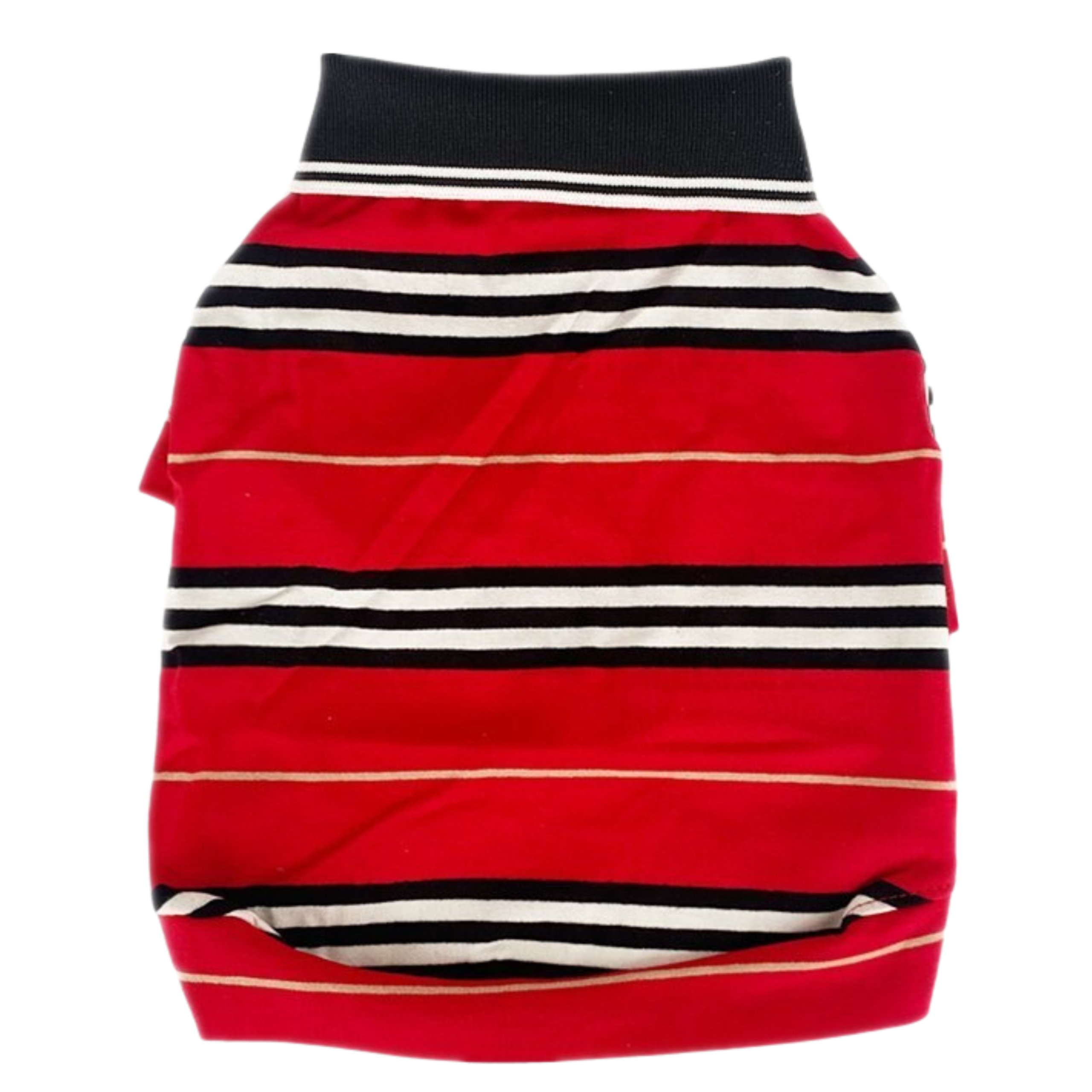 Classic striped dog polo flat lay showing button placket and collar construction