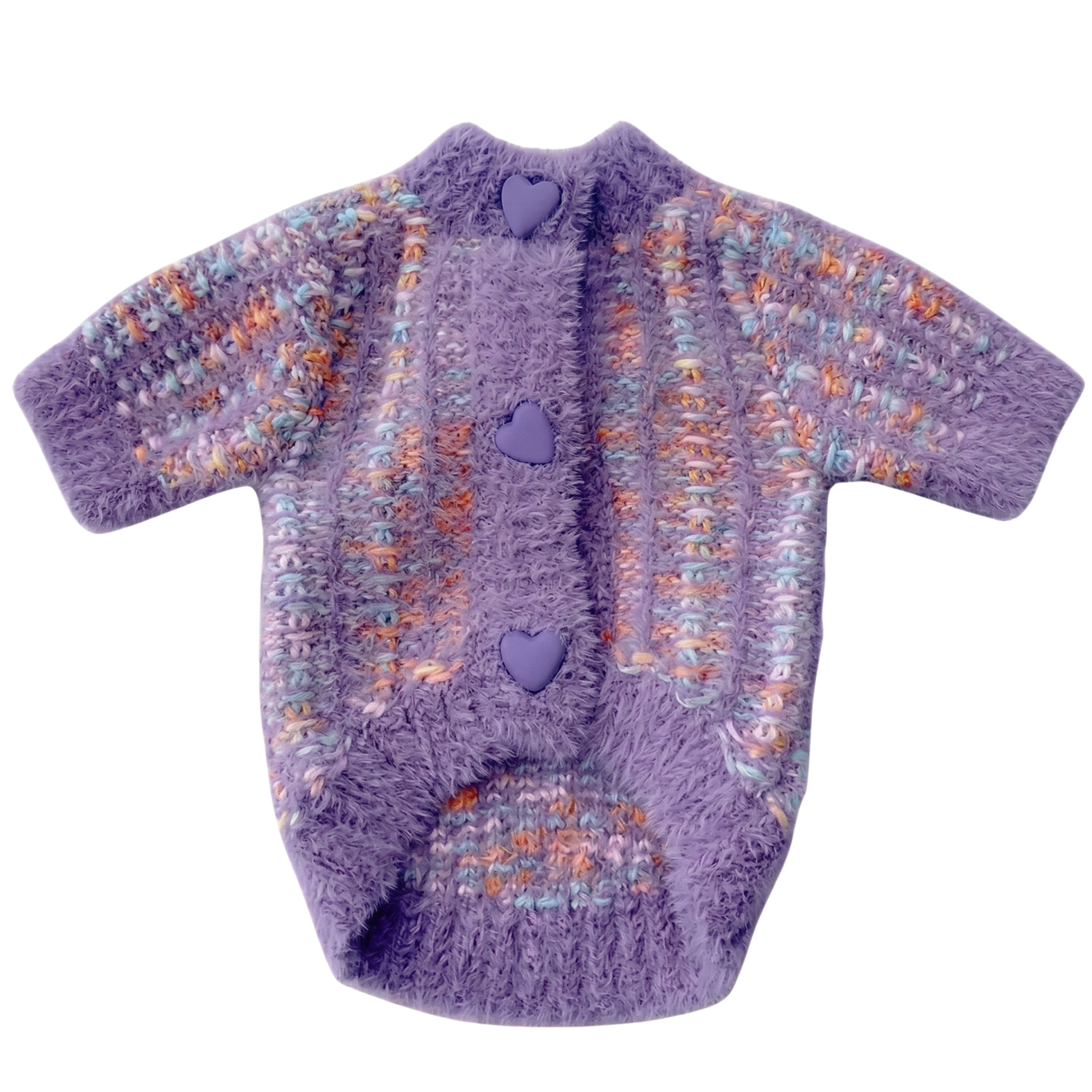 Purple fluffy knit dog cardigan with heart buttons and embroidered detail Chanel style