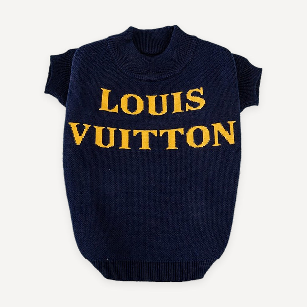Gold Lettering Knit dog vest inspired by Louis Vuitton