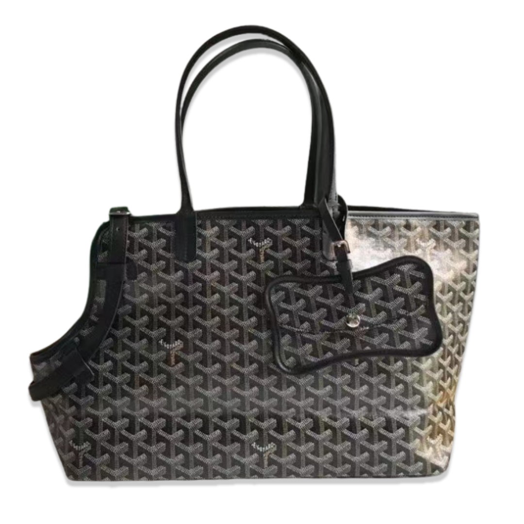 Black monogram pet carrier tote with signature Y print and reinforced handles