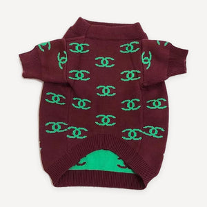 Burgundy Logo Knit dog sweater inspired by Chanel view 2