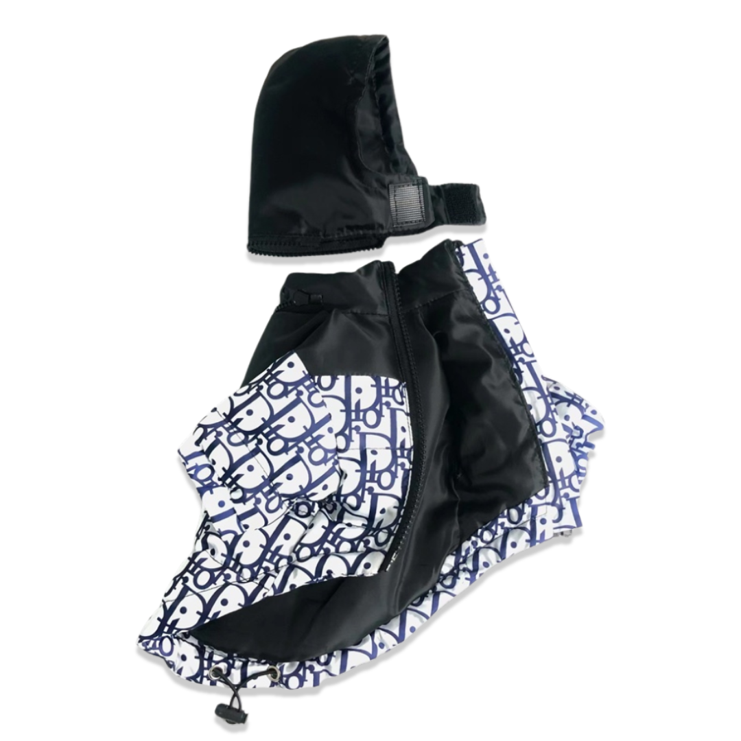 Black and white dog raincoat with signature oblique pattern and technical construction