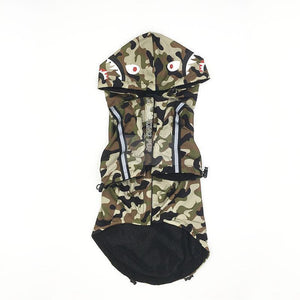 Front view camo dog windbreaker with full zip closure and adjustable hood BAPE inspired
