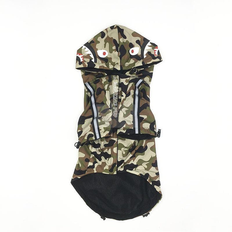 Front view camo dog windbreaker with full zip closure and adjustable hood BAPE inspired
