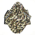 Woodland camo dog windbreaker with shark teeth hood graphics BAPE inspired flat lay