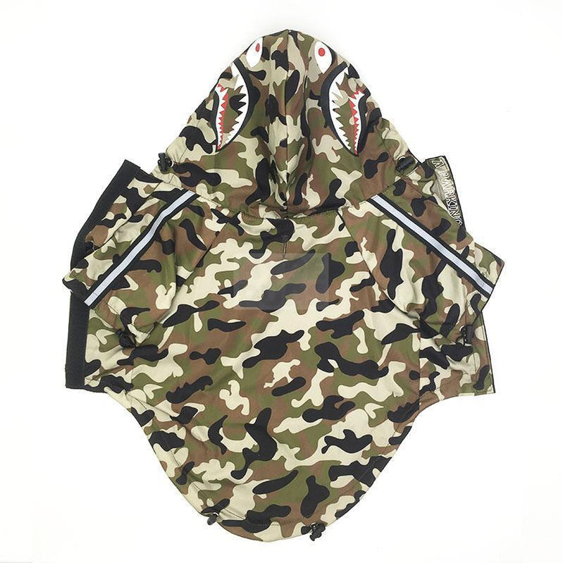 Woodland camo dog windbreaker with shark teeth hood graphics BAPE inspired flat lay