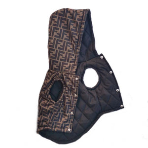 Brown and tan FF monogram quilted dog vest with snap closures inspired by Fendi
