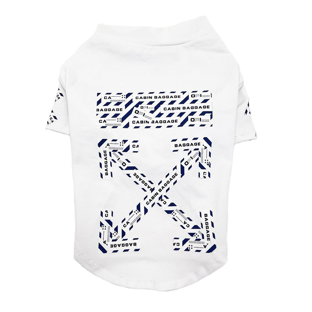 White dog tee with black cabin baggage tape pattern and diagonal stripes