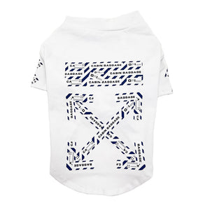 White dog tee with black cabin baggage tape pattern and diagonal stripes