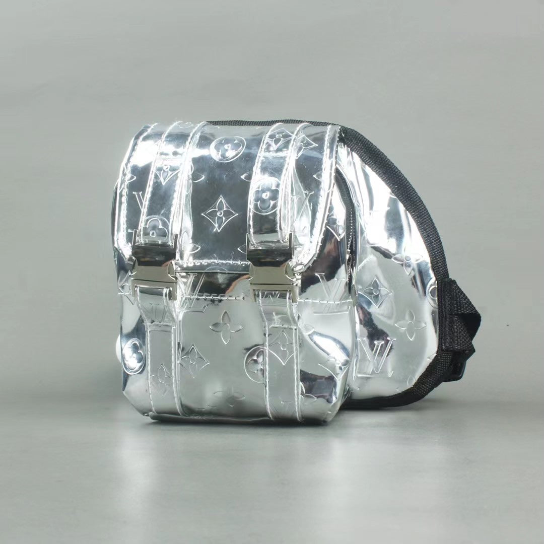 Transparent dog backpack side view showing mesh panels and adjustable straps