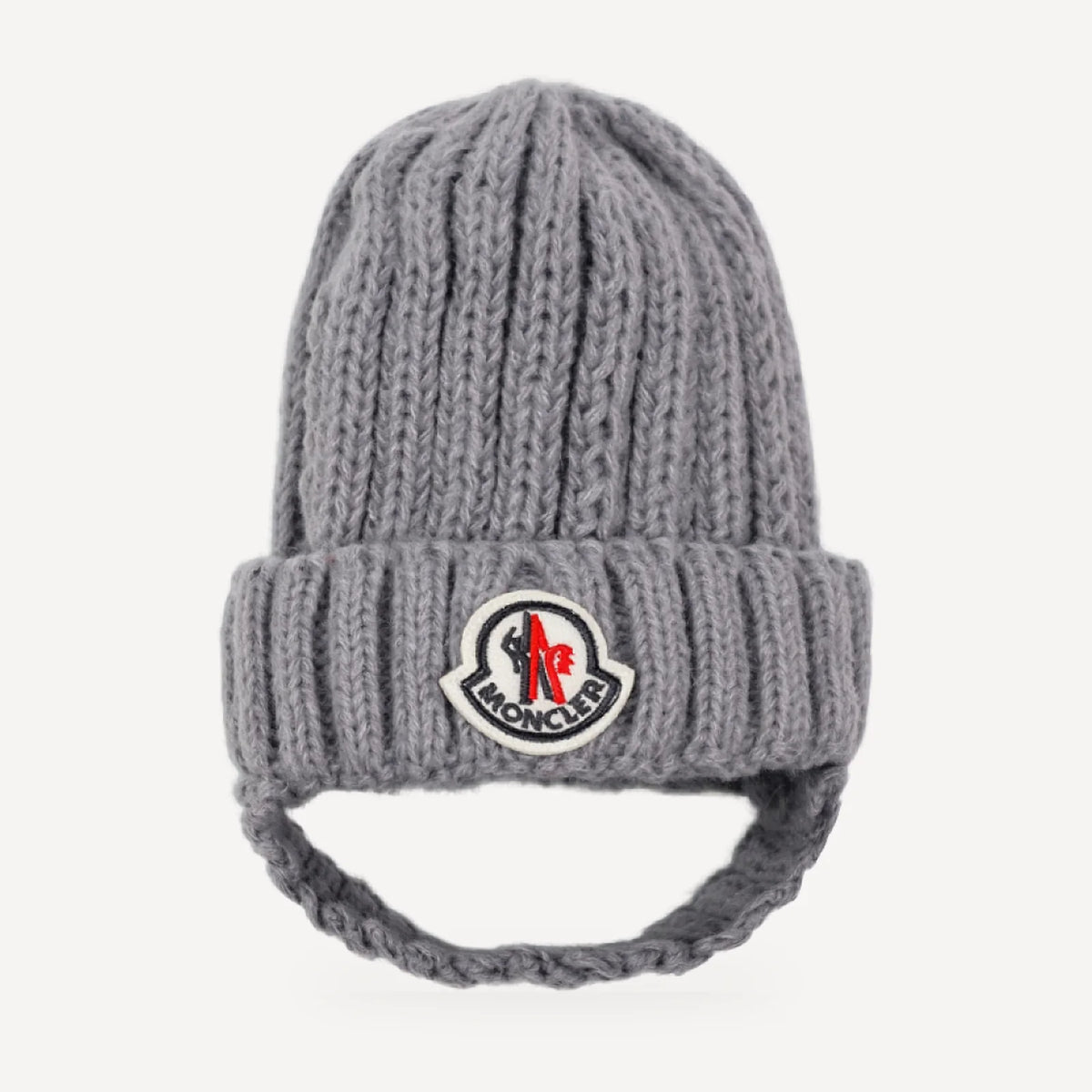 Chunky Knit dog beanie inspired by Moncler, grey, front view