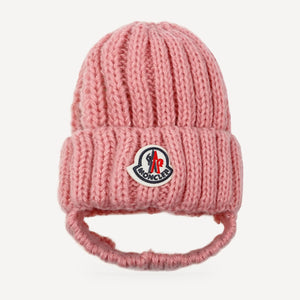 Chunky Knit dog beanie inspired by Moncler, pink, front view