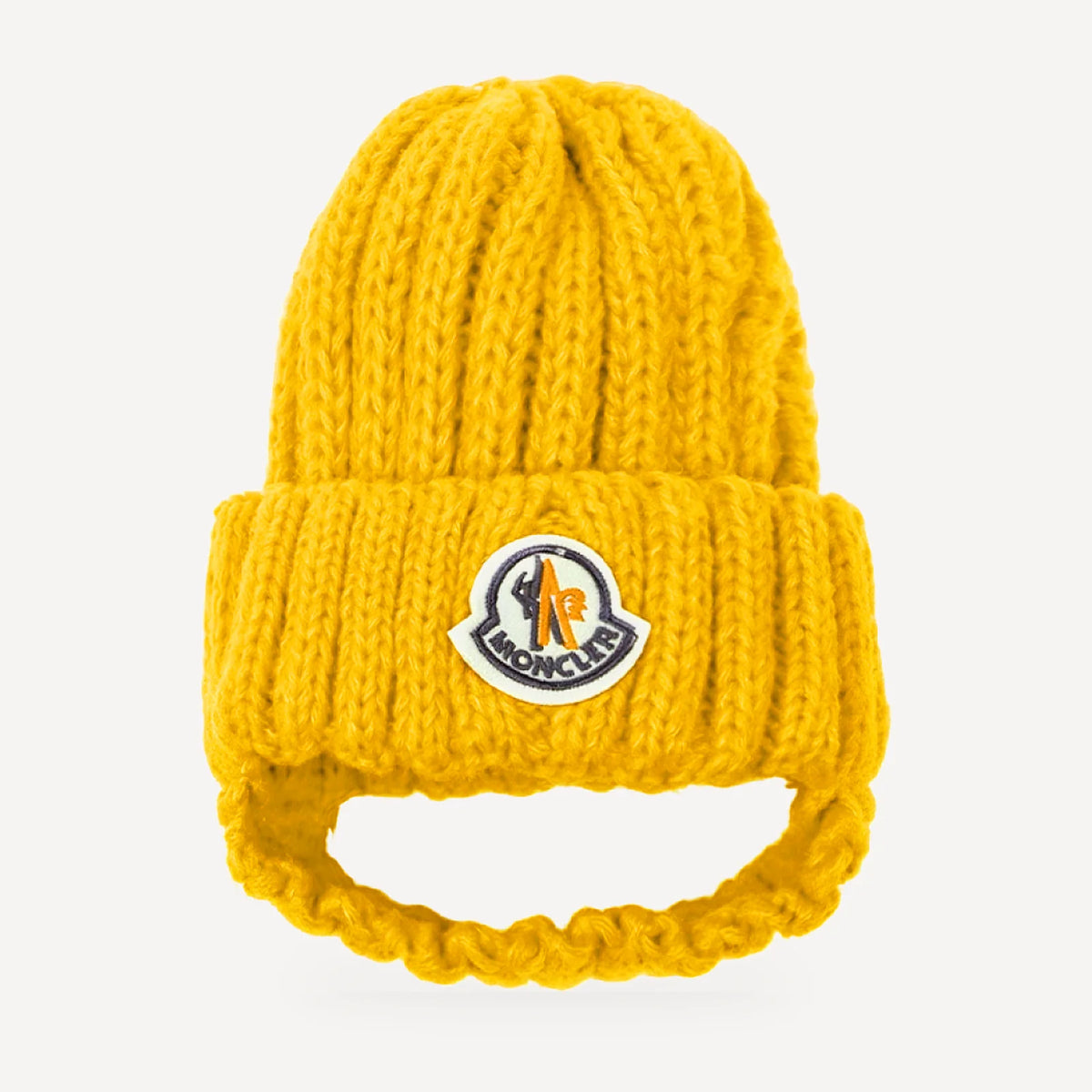 Chunky Knit dog beanie inspired by Moncler, yellow, front view