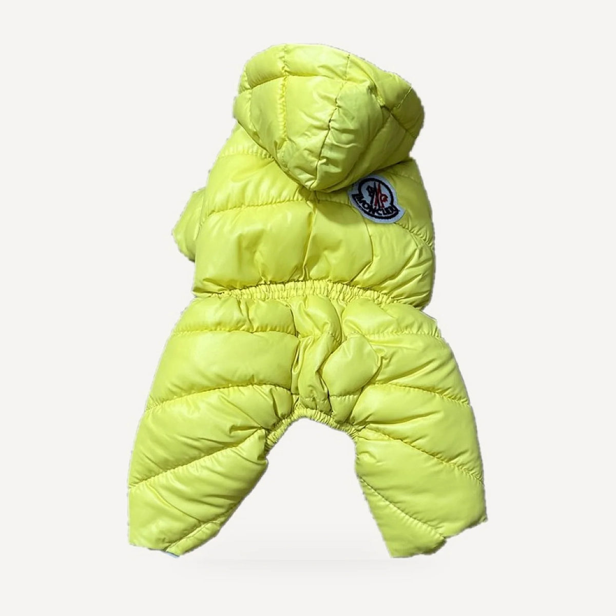 Puffer dog puffer snowsuit inspired by Moncler, yellow, back view